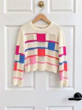 Hatley Girls Patchwork Open Knit Cotton Sweater Size 10
